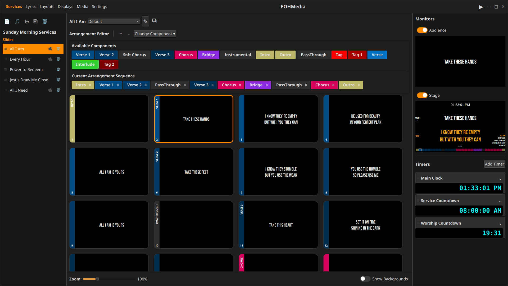 FOHMedia arrangement editor screenshot