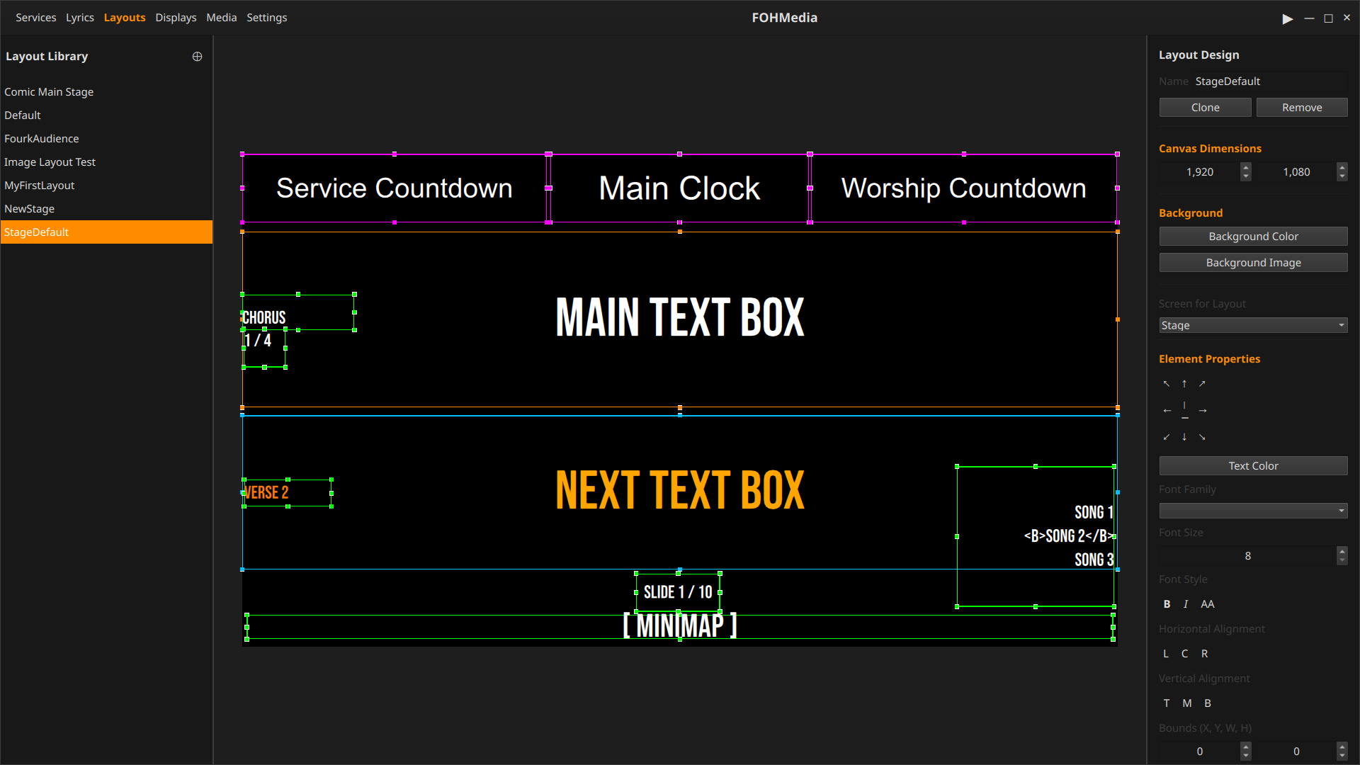 FOHMedia layout editor timer boxes screenshot