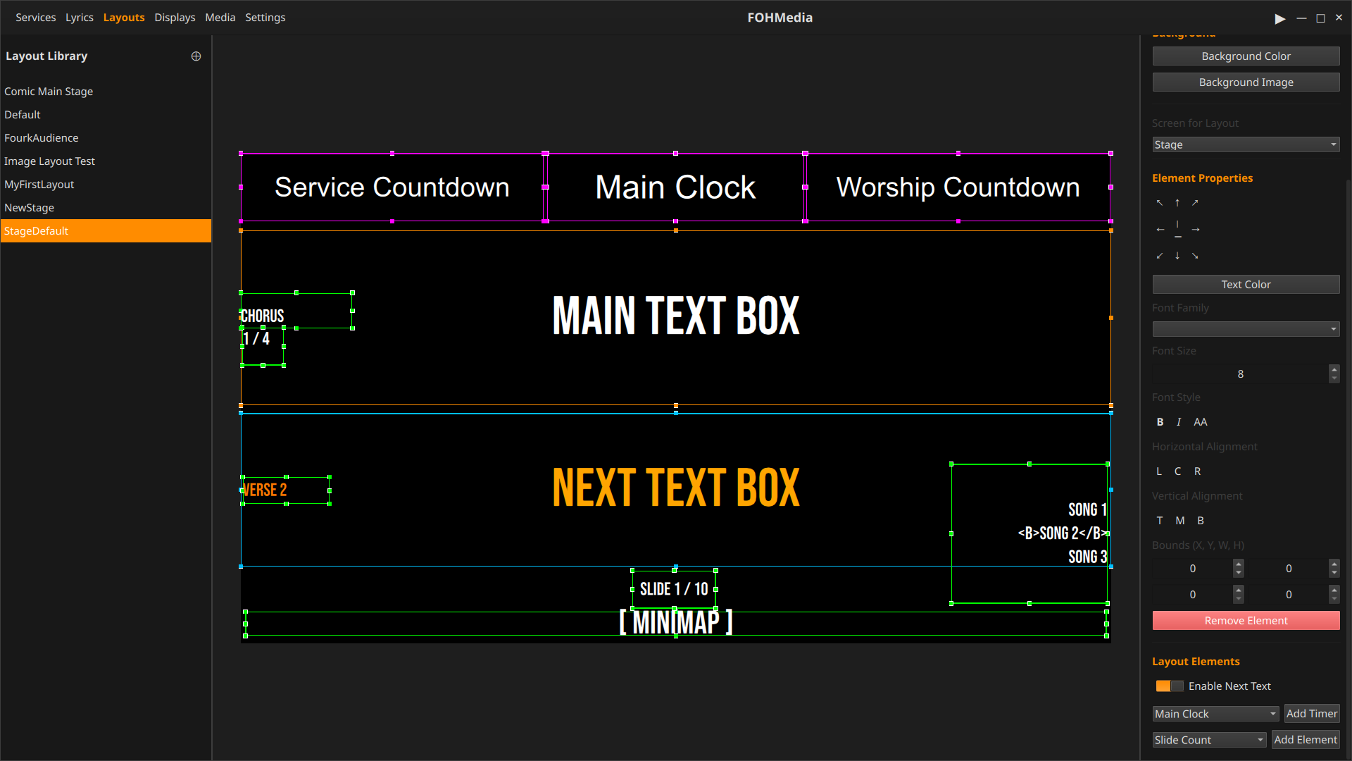 FOHMedia layout editor timer boxes screenshot