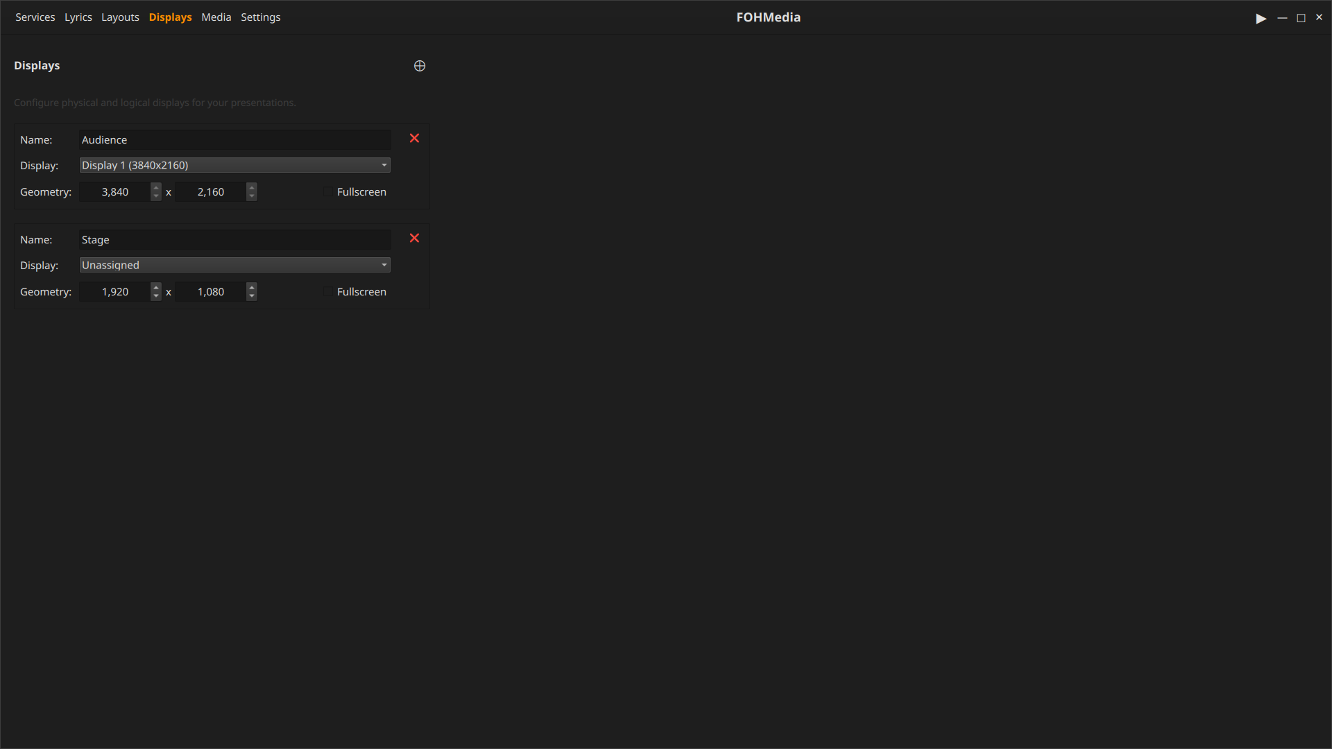 FOHMedia display setup screenshot